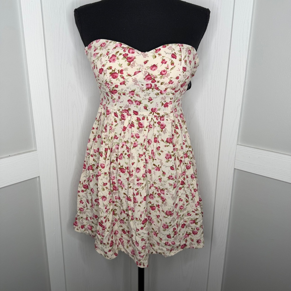Feathers Dress Women Small White Pink Floral Strapless Sweetheart Mini Skater